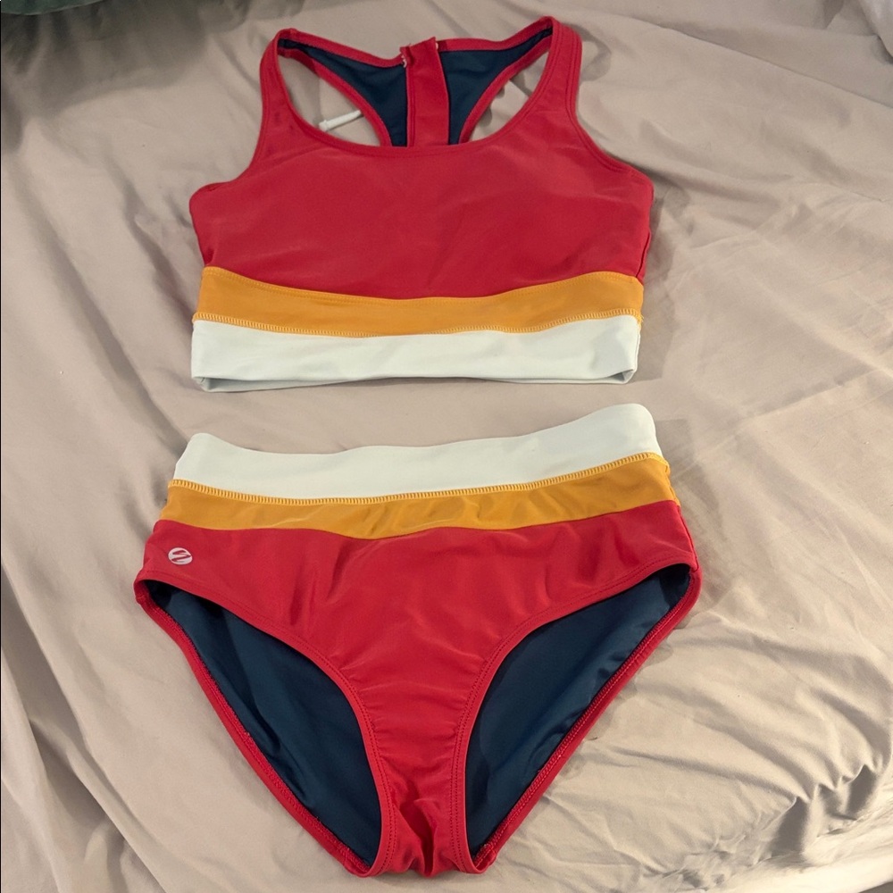 Sporty Colorblock High-Rise Bikini Set in Magenta with Yellow & White Bands